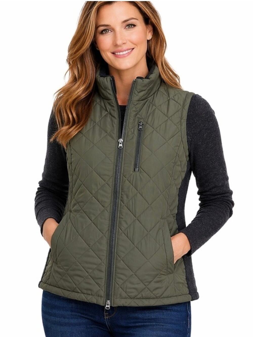 Andrew Marc Ladies olive green quilted puffer vest with black ribbed detail, L
